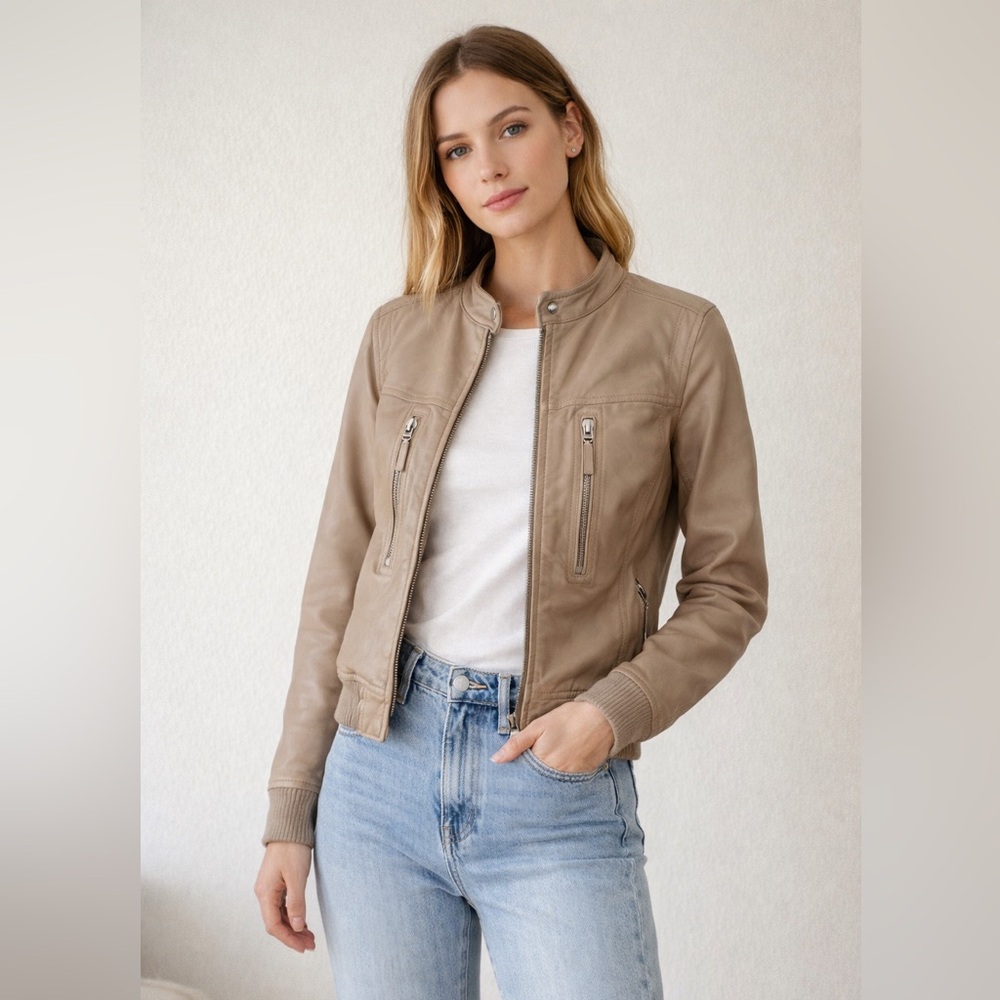 Gianni Bini Genuine Leather Moto Jacket Bomber Taupe Gray Zip Size Small